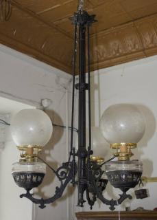 Appraisal: Aesthetic Arm Cast Iron Chandelier H x W Etched Ball