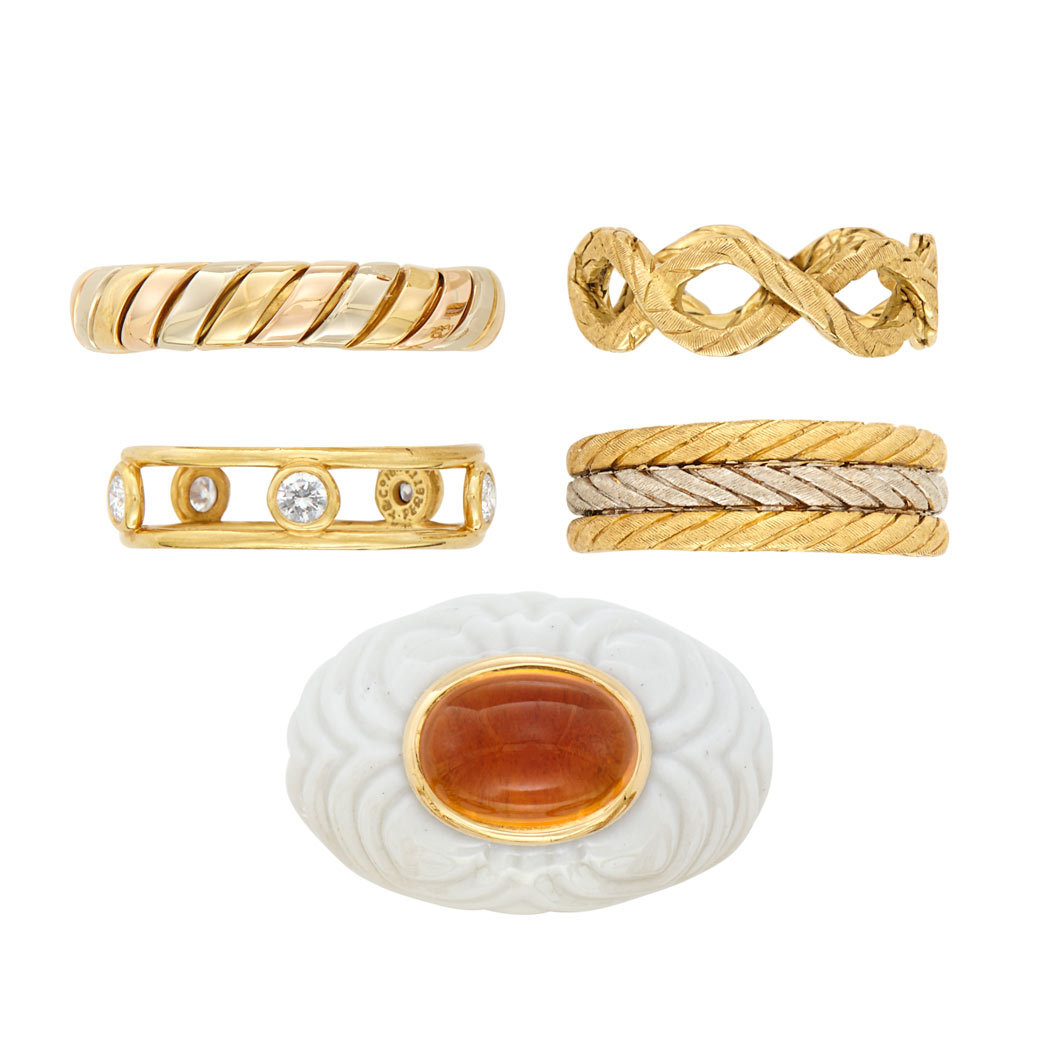 Appraisal: Five Tricolor Gold Diamond White Agate and Cabochon Citrine Rings