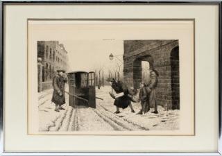 Appraisal: SIGNED ETCHING MEN CARRYING MAN INTO SEDAN CHAIR H W