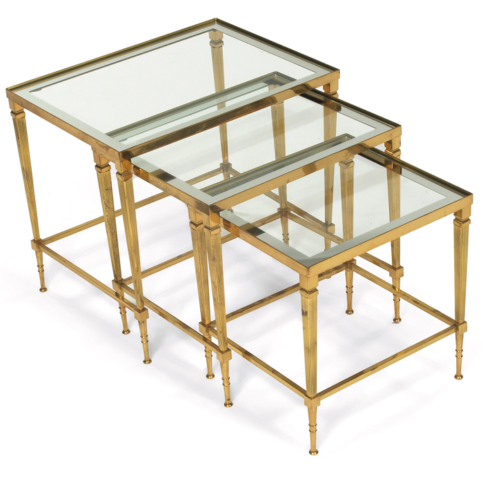 Appraisal: s Brass nesting tables set of three inset glass tops