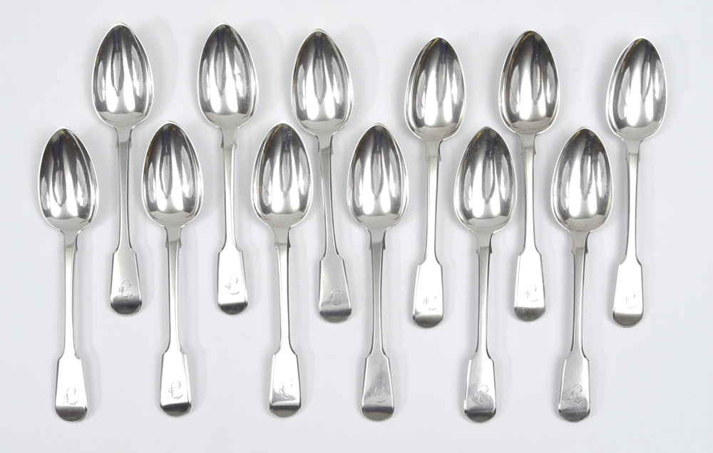 Appraisal: RICHARD POULDEN ENGLISH STERLING SILVER SPOONS Georgian table spoons bearing