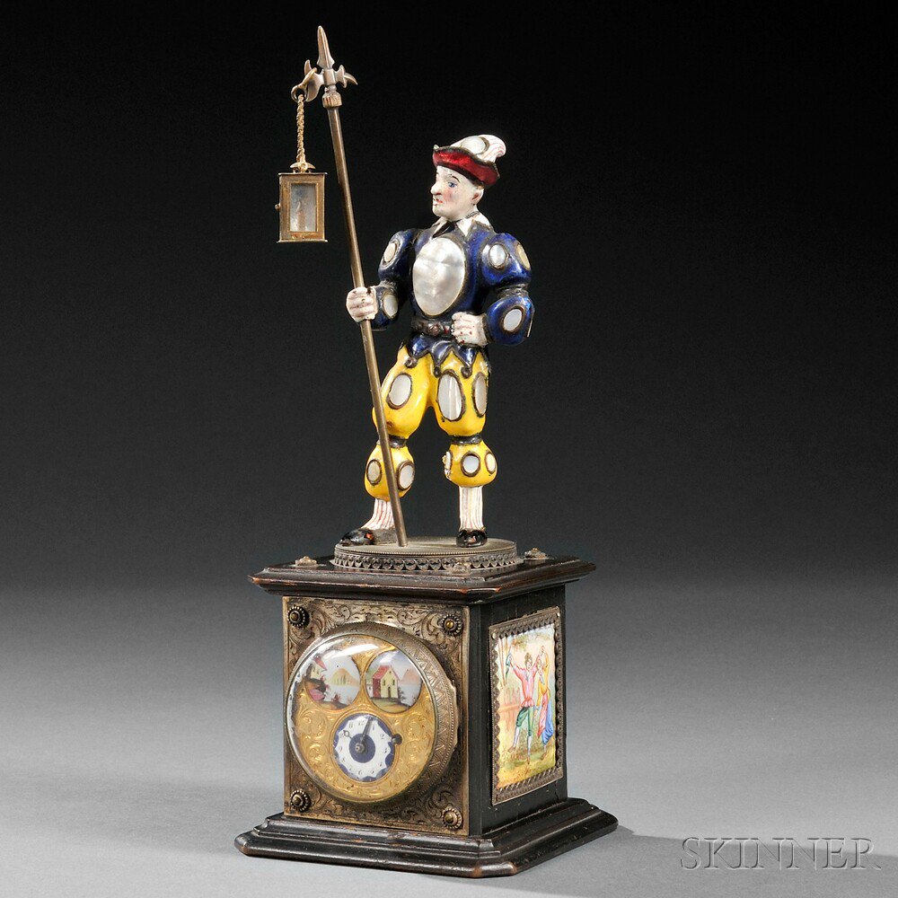 Appraisal: Viennese Silver Enamel and Freshwater Pearl Figural Clock Austria late