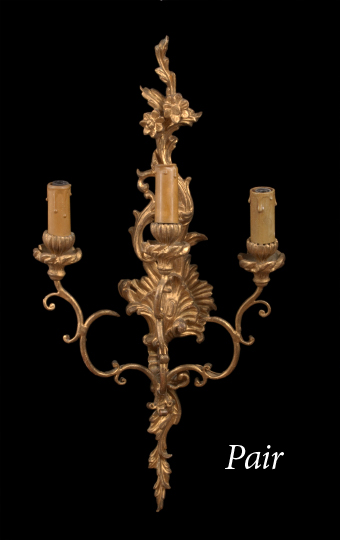 Appraisal: Tall Pair of Italian Carved Giltwood and Wrought-Iron Three-Light Appliques