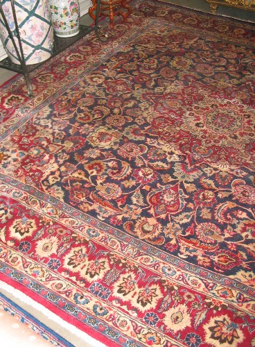 Appraisal: SQUARE PERSIAN MASHAD CARPET floral and central floral medallion design