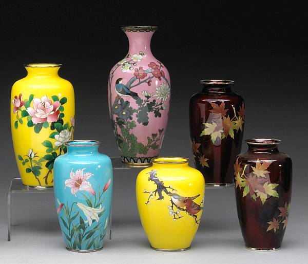 Appraisal: Six cloisonn enamel vases The first a pair of mottled