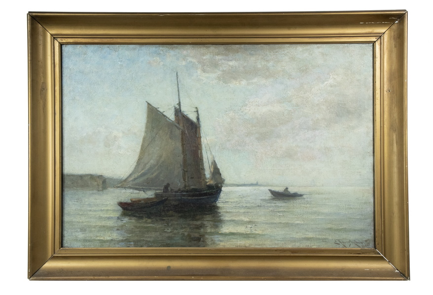 Appraisal: EDMUND AUBREY HUNT MA UK - Skiff Approaching Coastal Schooner