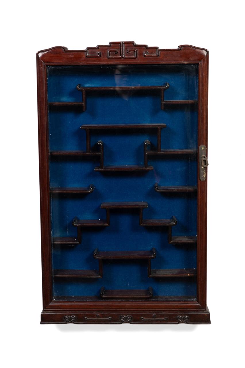 Appraisal: CHINESE ROSEWOOD WALL HANGING CURIO CABINET Chinese rosewood wall hanging