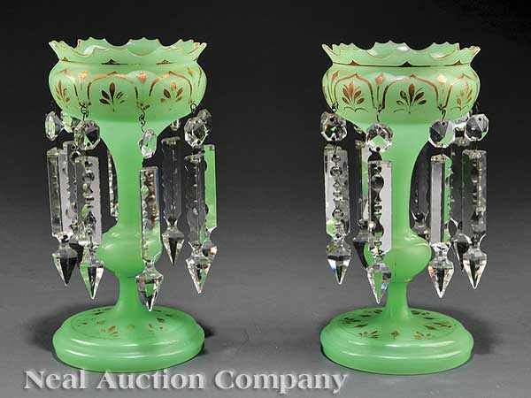 Appraisal: A Pair of American Green Opaline Glass Lustres mid- th