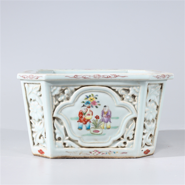 Appraisal: Chinese famille rose enameled porcelain faceted vessel with molded floral