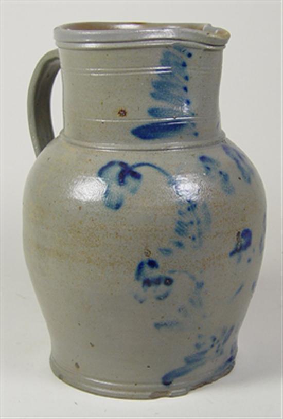 Appraisal: American Stoneware Pitcher Late th century Cobalt with extensive floral