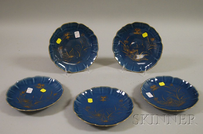 Appraisal: Set of Five Asian Gilt Decorated Blue Glazed Porcelain Dishes