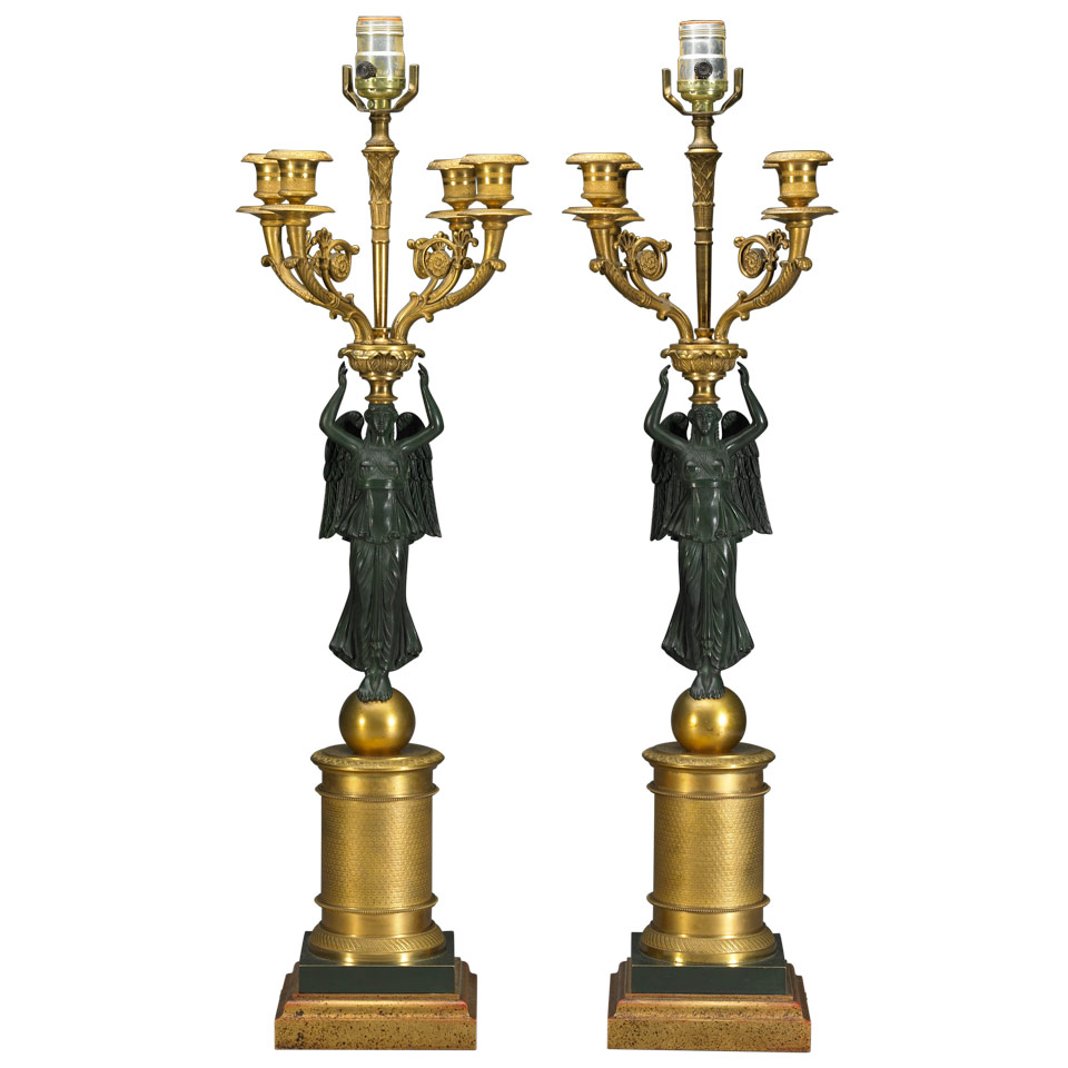 Appraisal: Pair of French Restauration Style Gilt and Patinated Bronze Figural