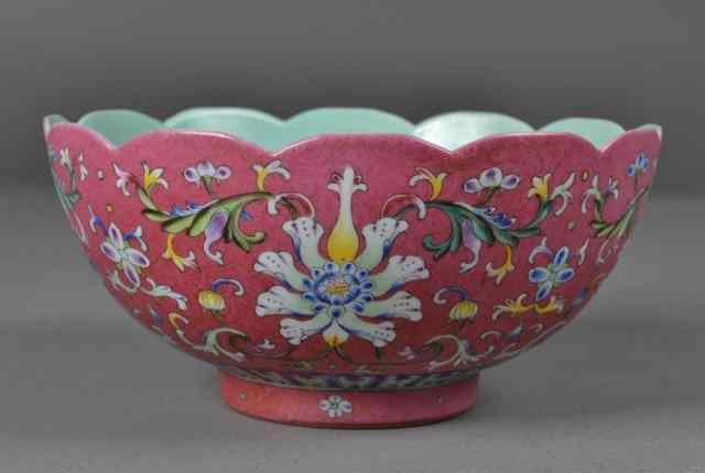 Appraisal: Chinese Famille Rose Scalloped BowlFooted porcelain bowl with scalloped rim