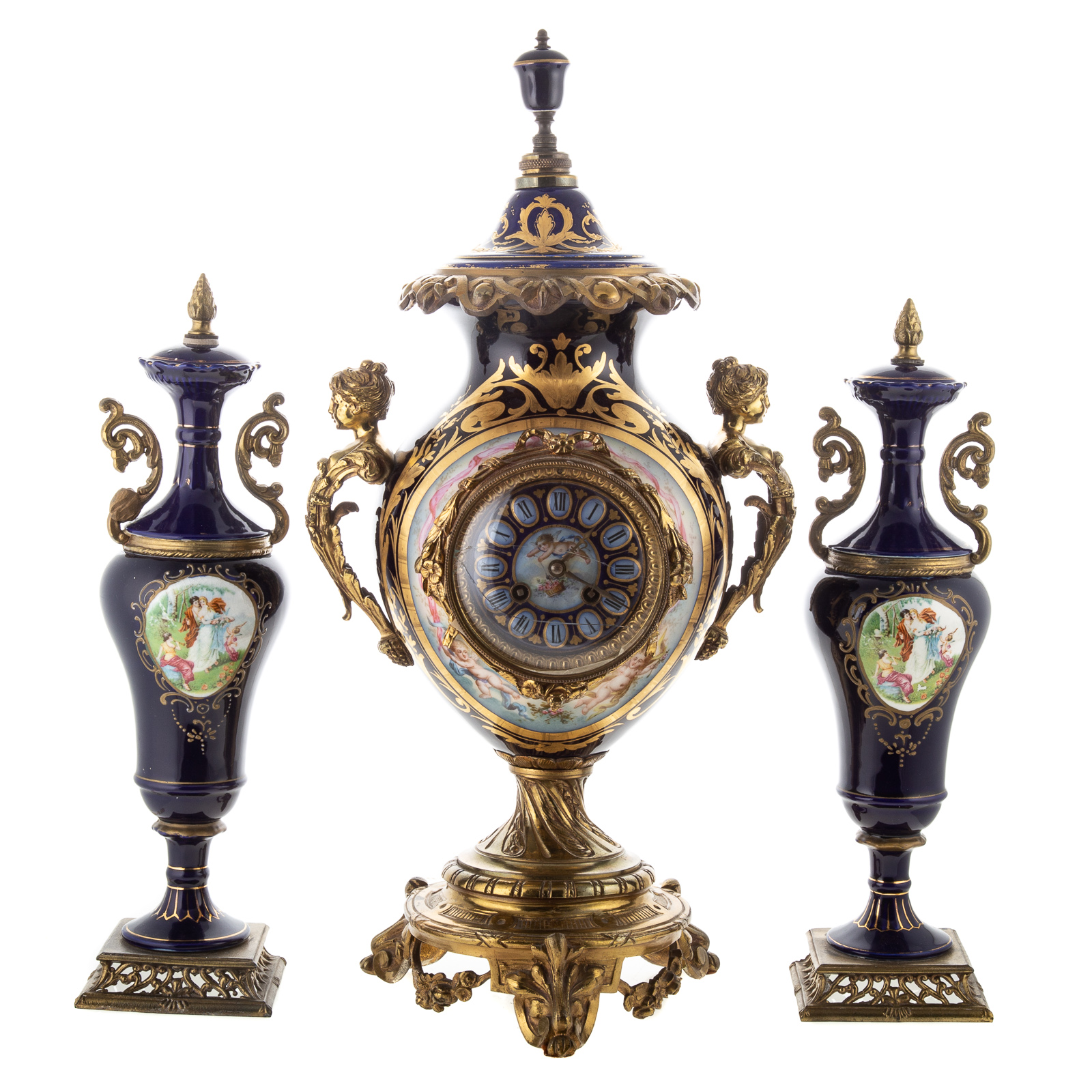 Appraisal: SEVRES MANNER CLOCK GARNITURE First half- th century bleu de