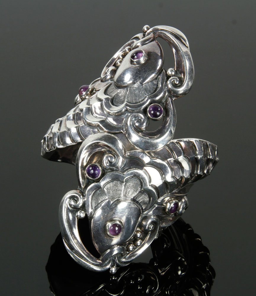 Appraisal: - Mexican Sterling and Amethyst Fish Cuff Bracelet Mexican fish