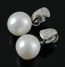 Appraisal: A pair of South Sea pearl and diamond earrings The