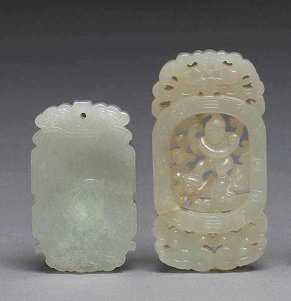 Appraisal: Two jade pendants Both of rectangular form the first carved