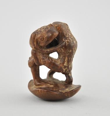 Appraisal: Wrestling Frogs Wood Netsuke Depicting two wrestling frogs in a