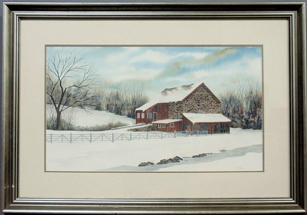 Appraisal: Watercolor winter landscape painting with barn signed L McNeil Linda