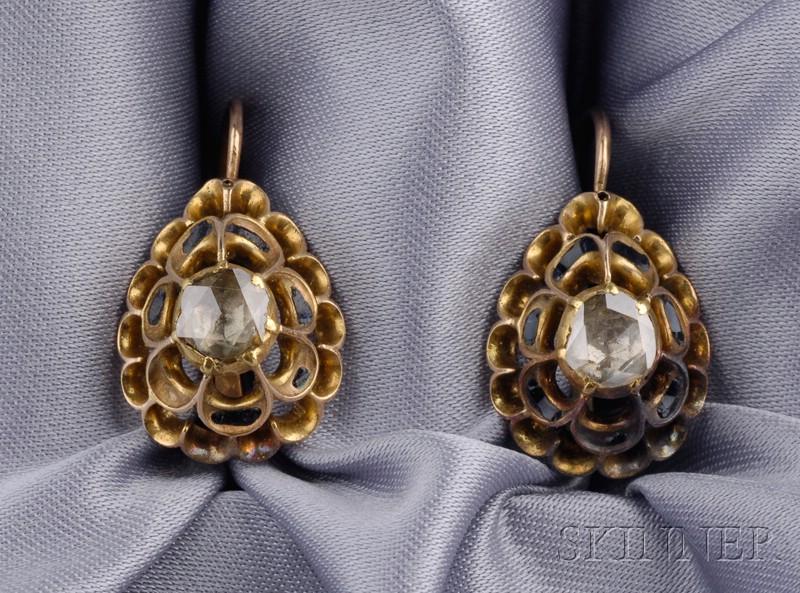 Appraisal: Antique Rose-cut Diamond Earpendants each teardrop form within scalloped surround