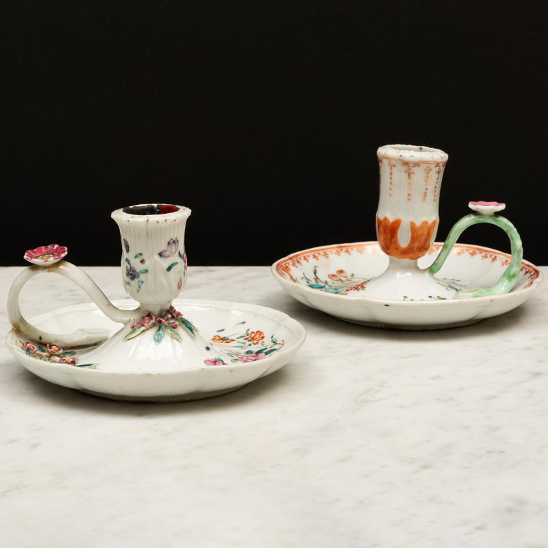 Appraisal: Two Chinese Export Famille Rose Porcelain Chambersticks Unmarked The larger