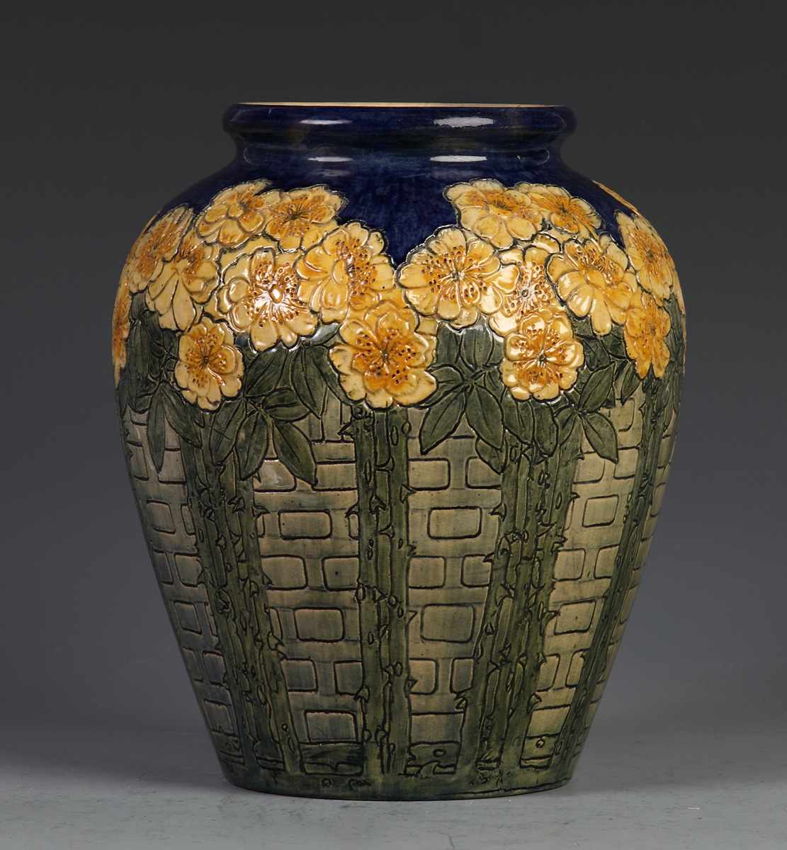 Appraisal: Monumental Newcomb Carved Pottery Vase W carved roses on a