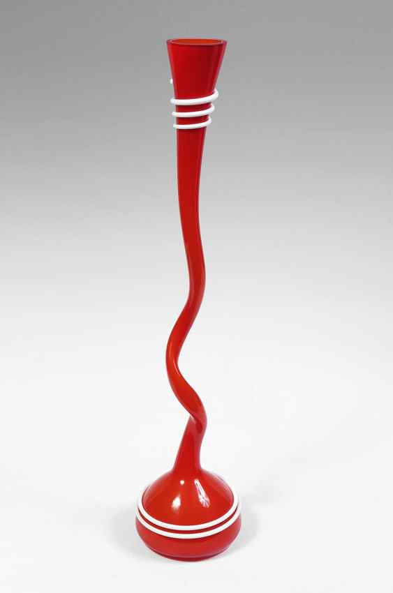 Appraisal: RED MURANO GLASS TALL VASE Stretched abstract form neck with