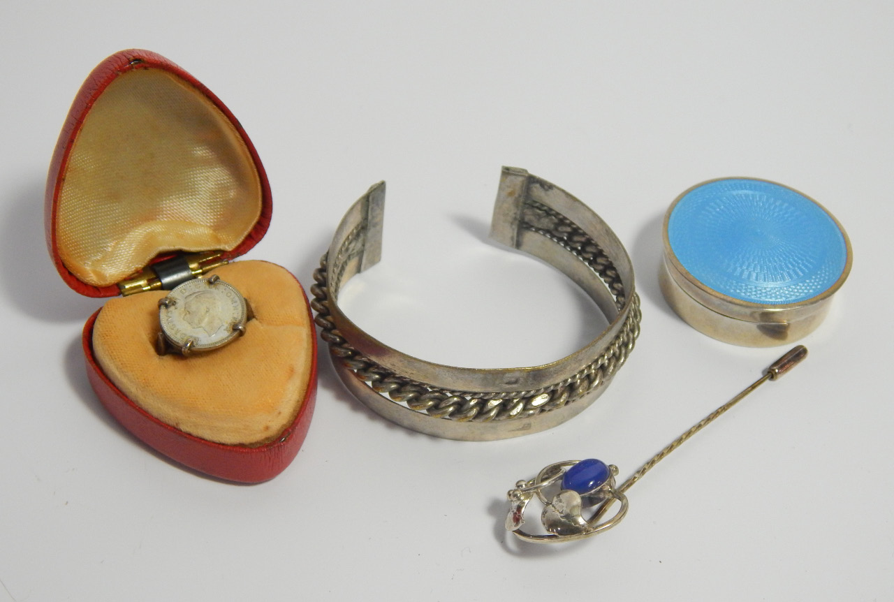 Appraisal: Silver etc including enamel pill box cm diameter bangle Art