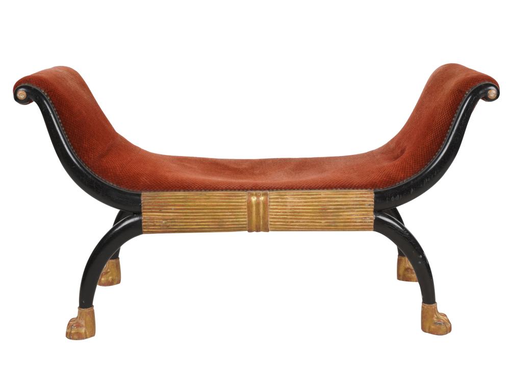 Appraisal: ROSE TARLOW REGENCY-STYLE BENCHgilt and ebonized wood and rust-colored fabric