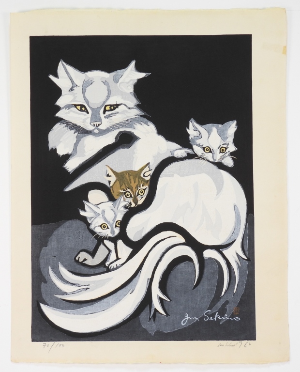 Appraisal: JUNICHIRO SEKINO CAT WOODBLOCK PRINT Japan - Depicts a white