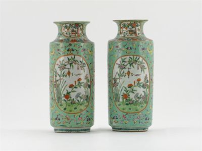 Appraisal: A pair of Chinese cylindrical vases each painted with panels