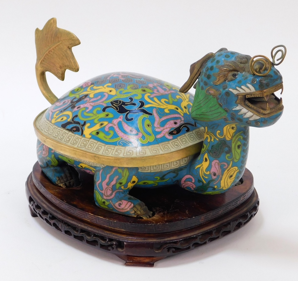 Appraisal: CHINESE GILT BRONZE CLOISONNE TURTLE BOX China Early th CenturyCopper