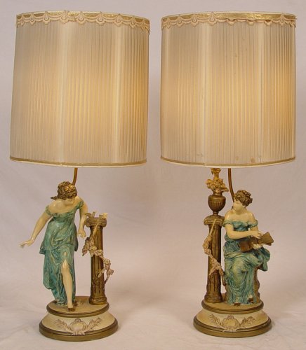 Appraisal: POLYCHROME METAL FIGURAL LAMPS Lovely maidens dressed in green posing