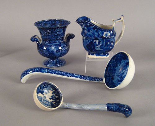 Appraisal: Blue Staffordshire urn creamer and two ladles th c h