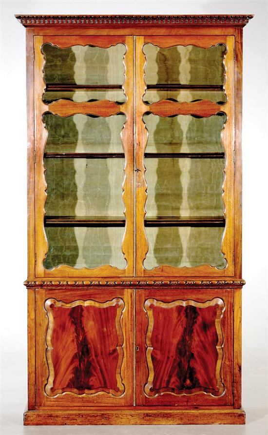 Appraisal: English walnut display cabinet circa dentil-molded cornice over case with