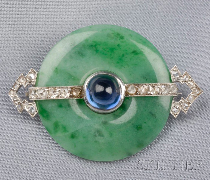 Appraisal: Art Deco Platinum Jade and Sapphire Brooch designed as a