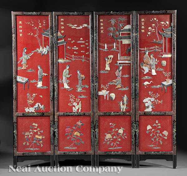 Appraisal: A Chinese Carved Red Lacquer and Hardstone Applied Four Panel