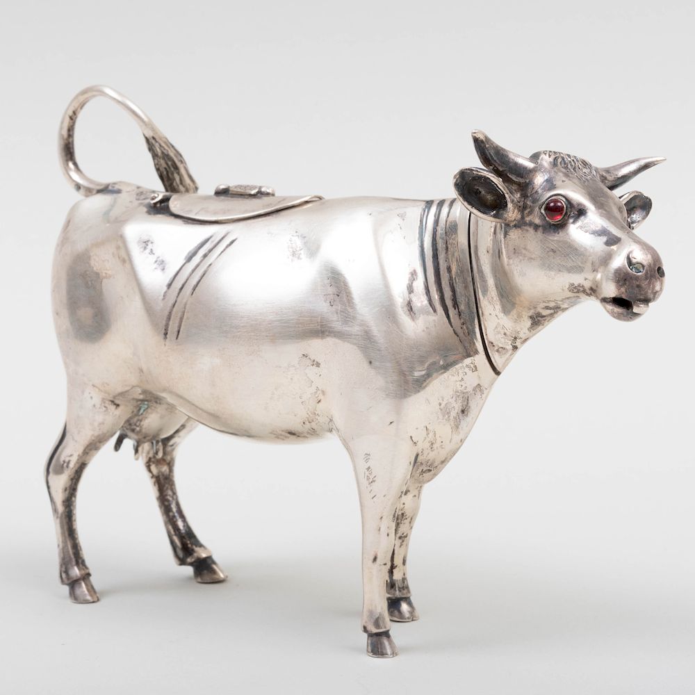 Appraisal: Dutch Silver Cow-Form Creamer with Cabochon Inset Eyes Dutch Silver