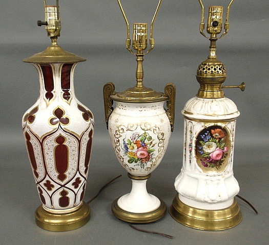 Appraisal: - Three table lamps incl a cranberry and white glass