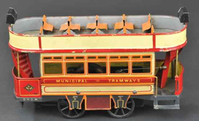 Appraisal: BING DOUBLE DECKER TROLLEY Germany clockwork driven lithographed tin done