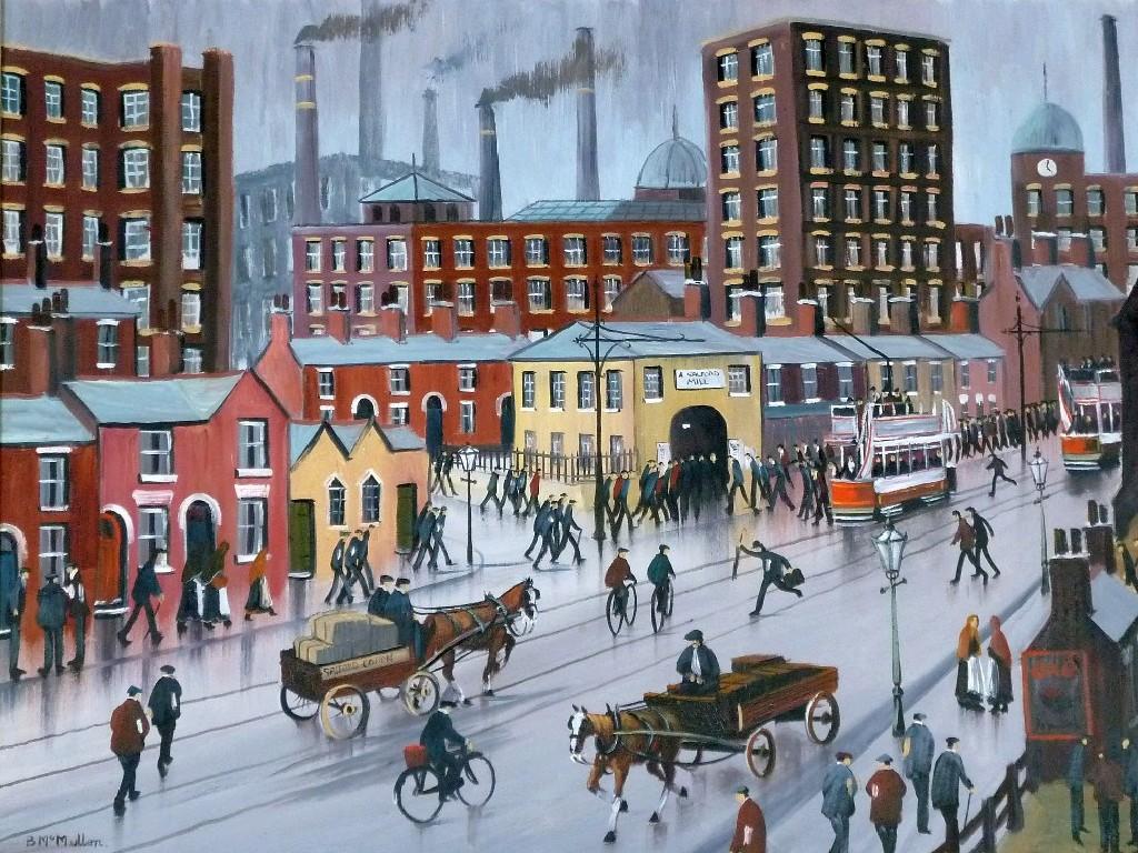 Appraisal: BERNARD McMULLEN b OIL ON BOARD 'Salford Cotton Mill'signed signed