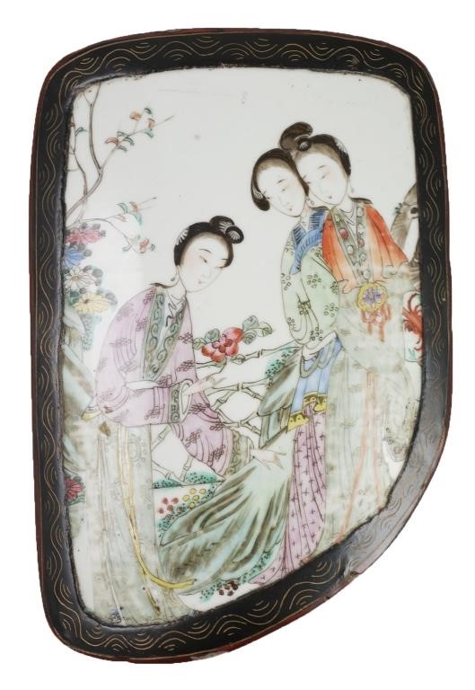 Appraisal: Antique handpainted Chinese porcelain shard box depicting two beauties Very