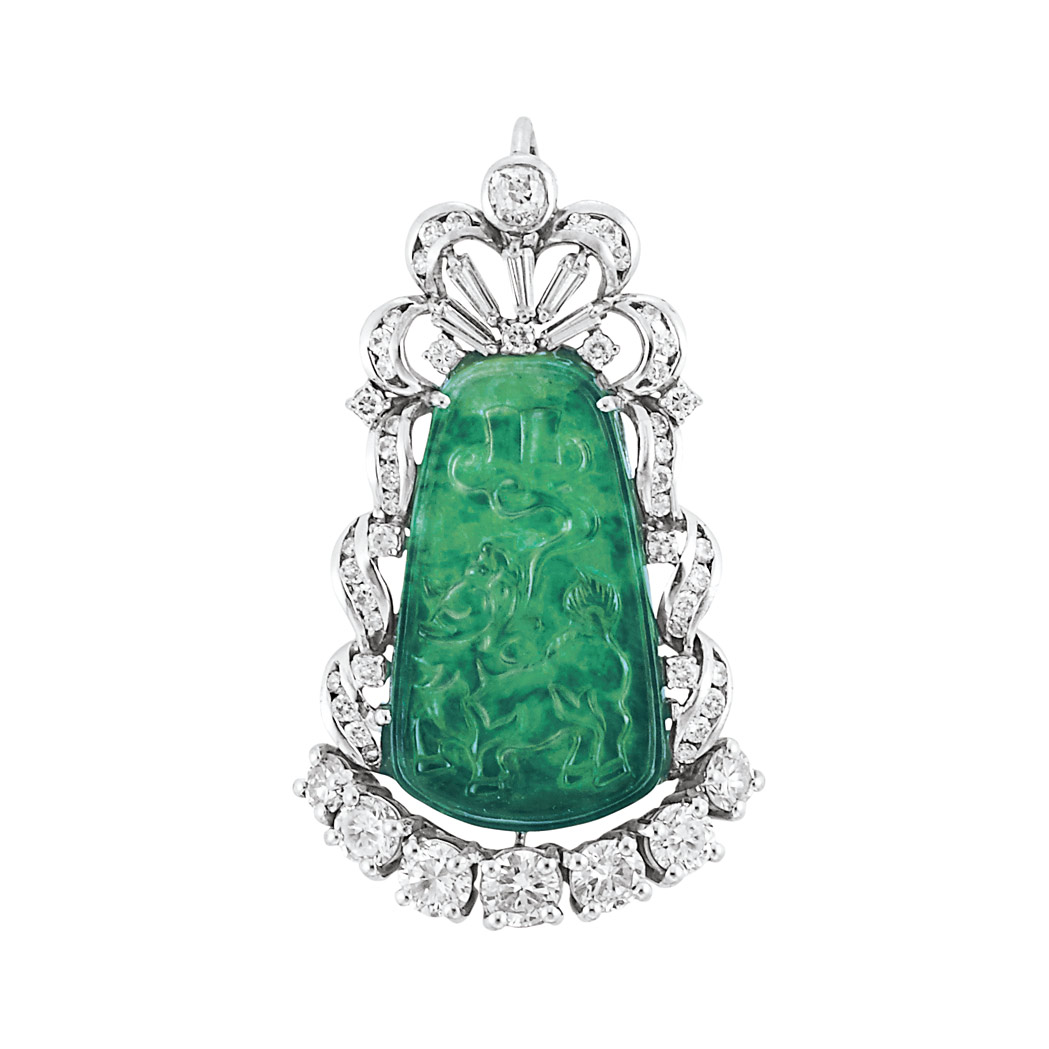 Appraisal: Carved Jade and Diamond Pendant Platinum white gold centering one