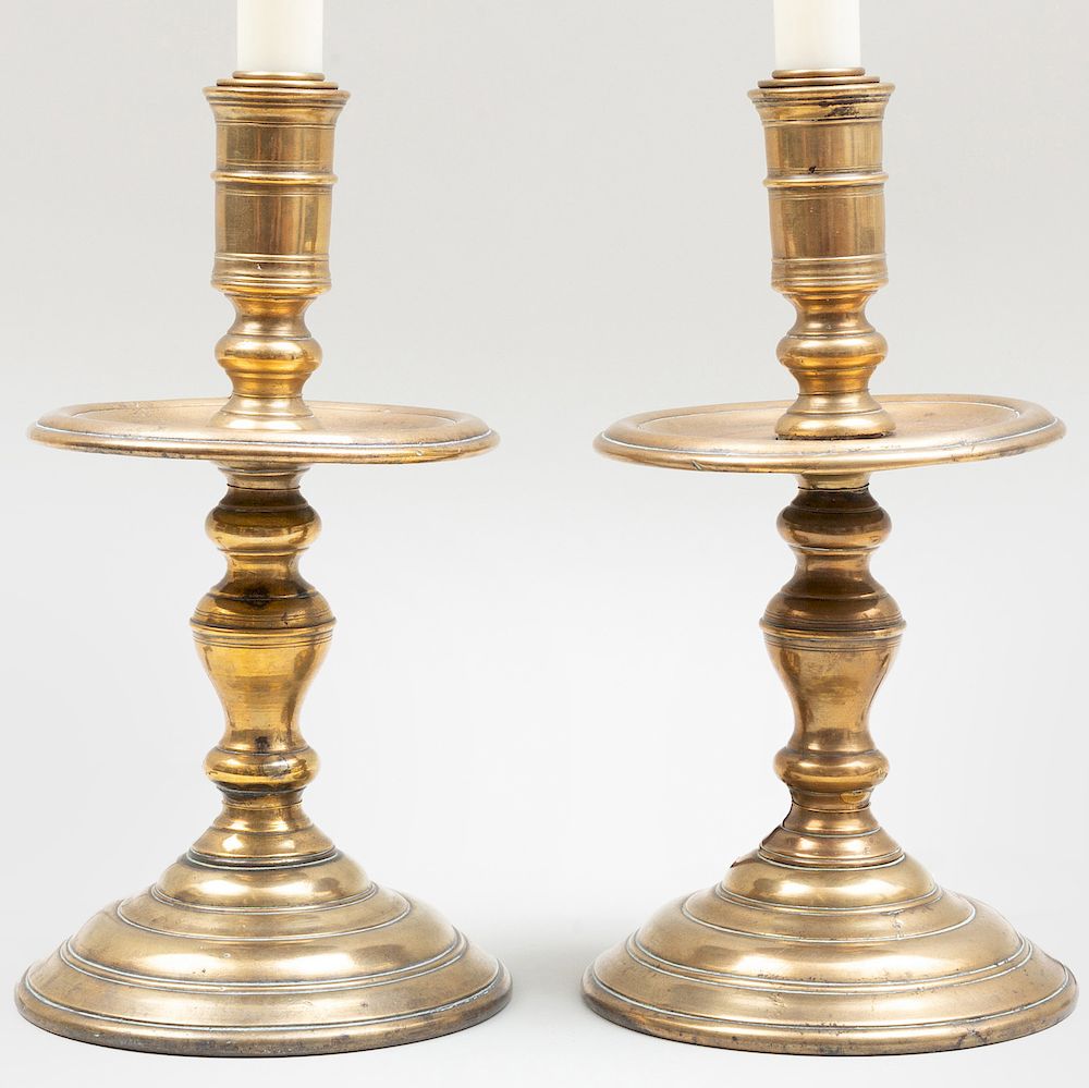 Appraisal: Pair of Flemish Baroque Brass Candlesticks Now fitted for electricity