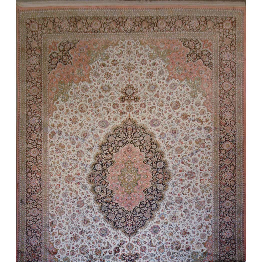 Appraisal: Qum Silk Carpet Central Iran contemporary The central polychrome pendant