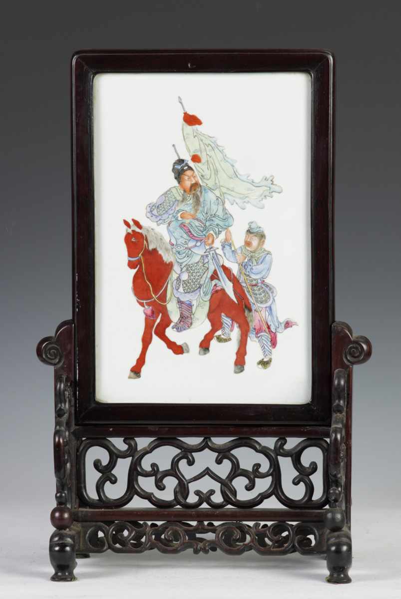 Appraisal: Chinese Porcelain Hand Painted Table Screen Enameled plaque with Chinese