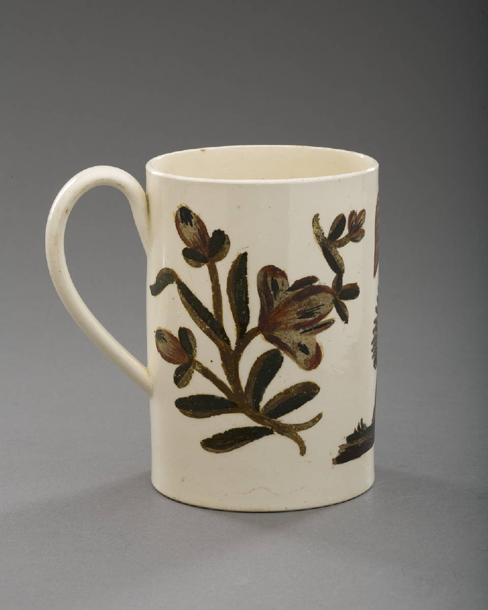 Appraisal: ENGLISH CREAMWARE ENAMEL AND GILT-DECORATED MUG PROBABLY LIVERPOOL CIRCA -