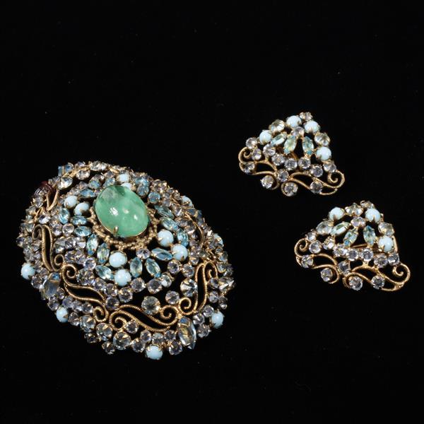 Appraisal: Unmarked pc Glass Jeweled Filigree Brooch Pin Clip Earrings with