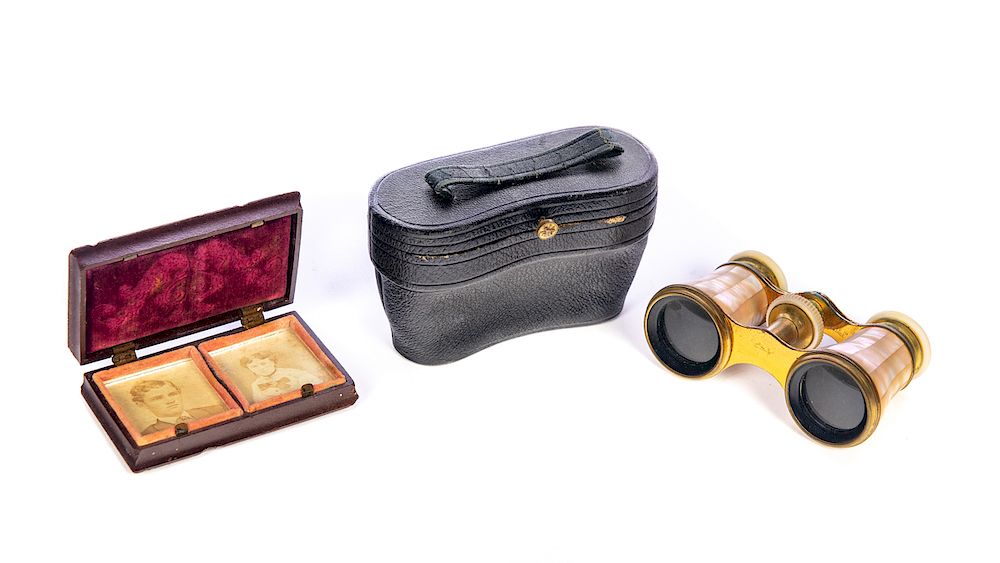 Appraisal: MOP Opera Glasses and Gutta Perche Case with Children Excellent