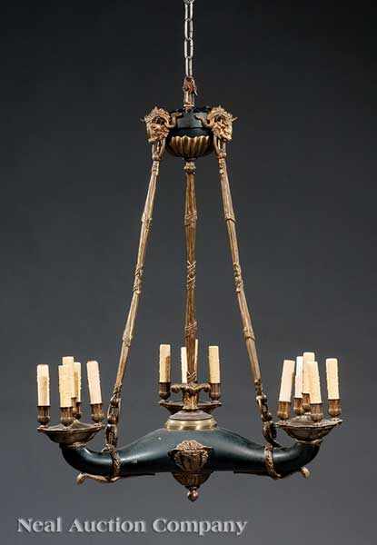 Appraisal: An Antique Patinated and Gilt Bronze Fifteen-Light Colza Chandelier th